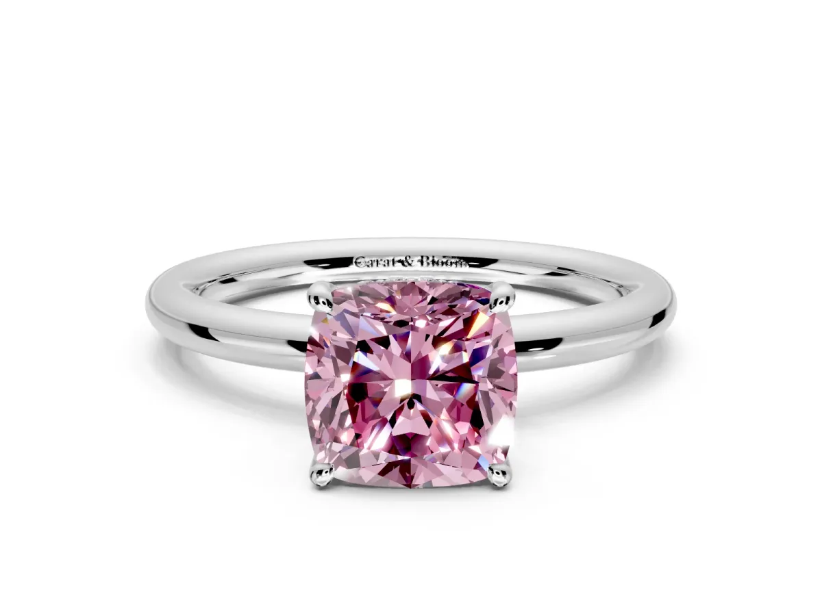 Hidden Halo Engagement Ring Setting for Fancy Pink Cushion Cut Center with Thin Rounded Band and Prong Head in Platinum