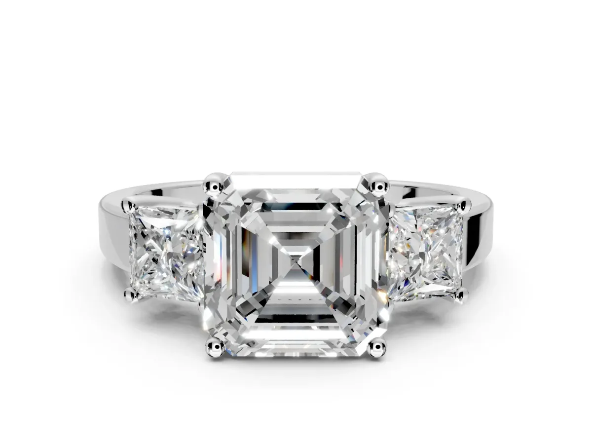 3 Stone Engagement Ring Setting for Asscher Cut Center with Matching Side Accents and Prong Head in White Gold