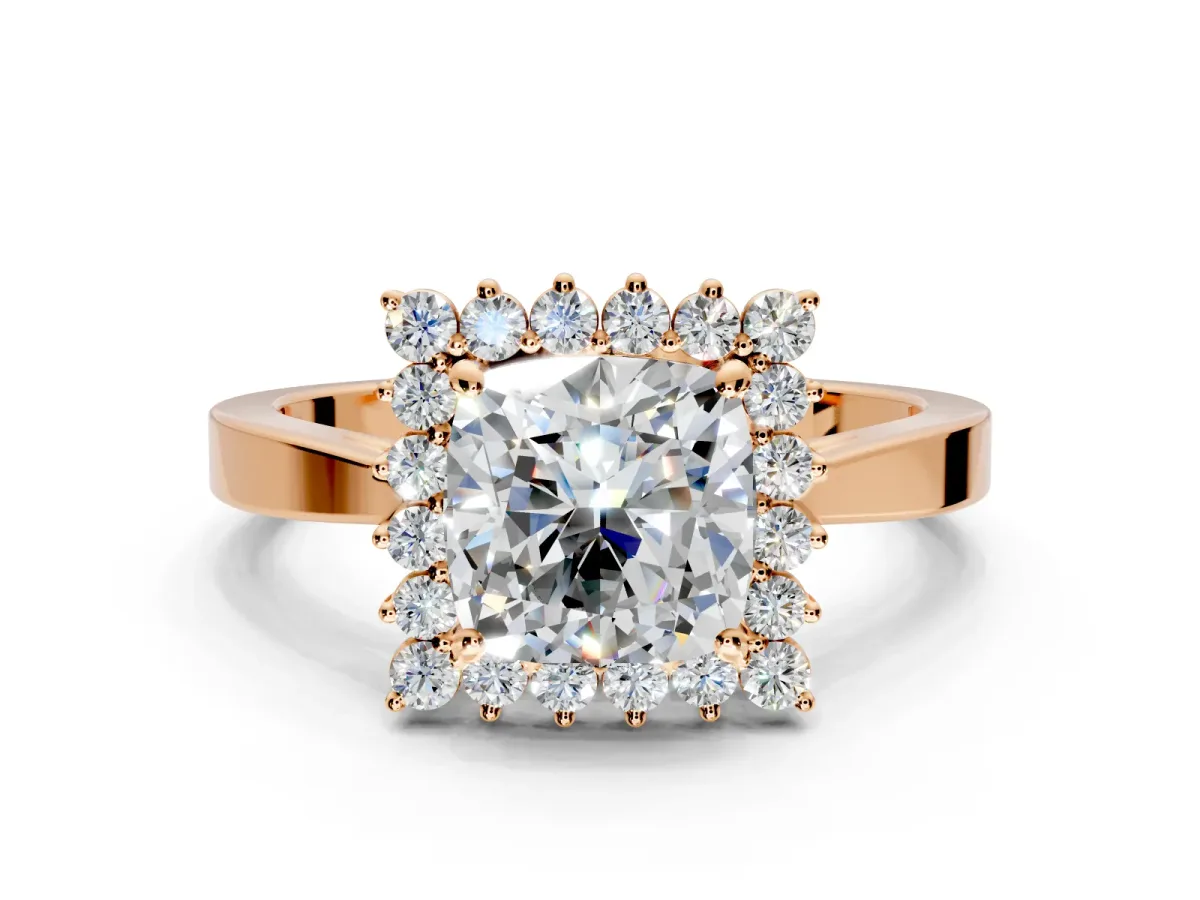 Starburst Halo Engagement Ring Setting for Cushion Cut Center with Flat Cathedral Band and Prong Head in Rose Gold