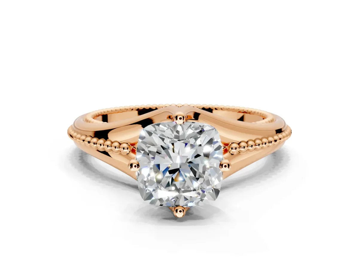 Solitaire Engagement Ring Setting for Cushion Cut Center with Milgrain Cathedral Band and Prong Head in Rose Gold