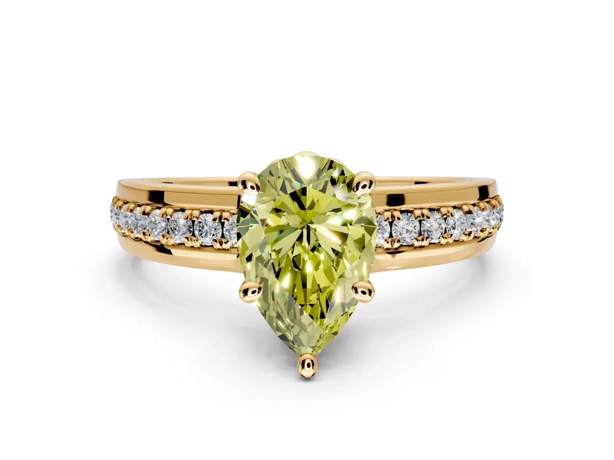 Solitaire Engagement Ring Setting for Fancy Yellow Pear-Shaped Center with Raised Channel Band and Prong Head in Yellow Gold