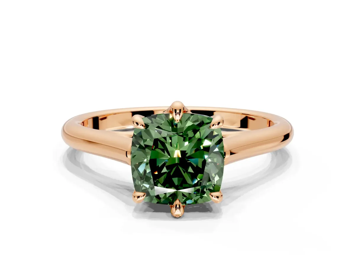 Solitaire Engagement Ring Setting for Fancy Green Cushion Cut Center with Cathedral Band and Prong Head in Rose Gold