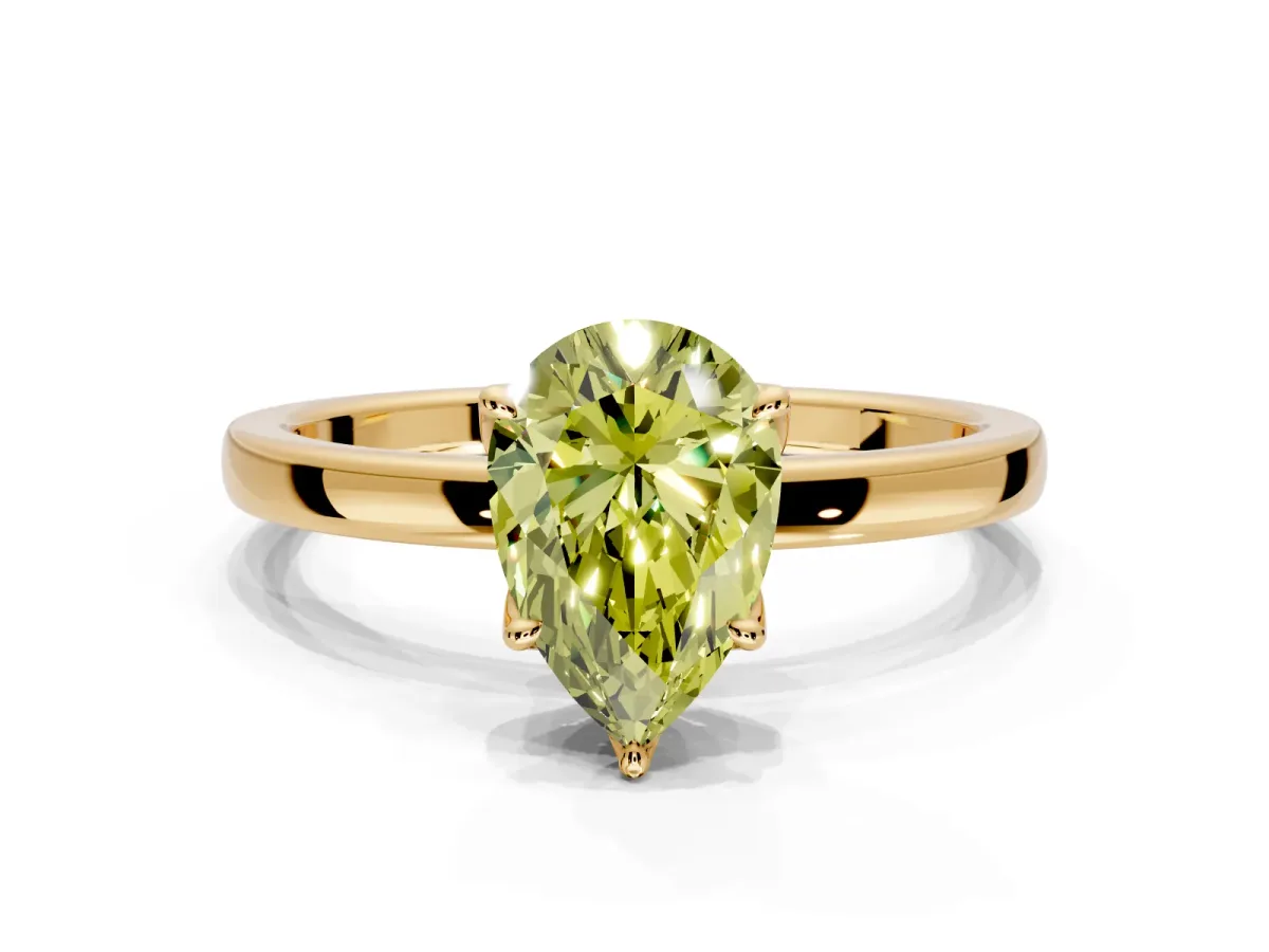 Solitaire Engagement Ring Setting for Fancy Yellow Pear-Shaped Center with Thin Rounded Plain Band and Prong Head in Yellow Gold