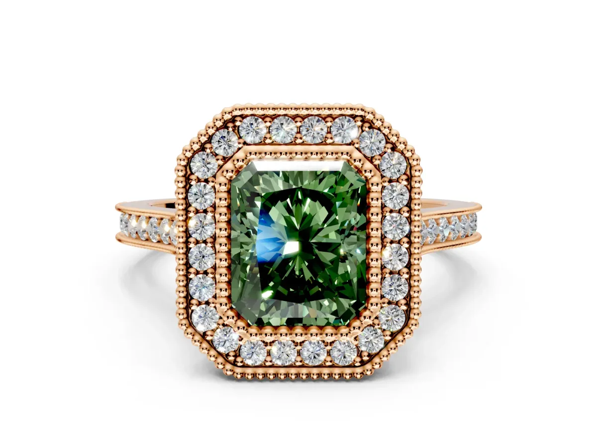Halo Engagement Ring Setting for Fancy Green Radiant Cut Center with Milgrain Frame, Pave Band and Prong Head in Rose Gold