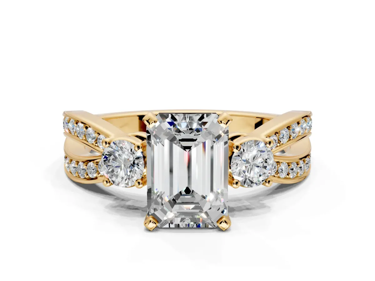 3 Stone Engagement Ring Setting for Emerald Cut Center with Pave Twist Band and Prong Head in Yellow Gold