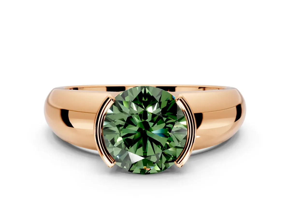 Tension Engagement Ring Setting for Fancy Green Round Cut Center with Wide Flat Band and Tension Head in Rose Gold