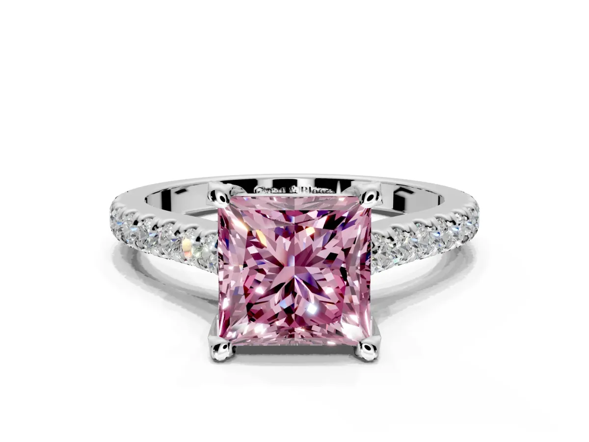 Solitaire Engagement Ring Setting for Fancy Pink Princess Cut Center with Widening Pave Band and Claw Prong Head in White Gold