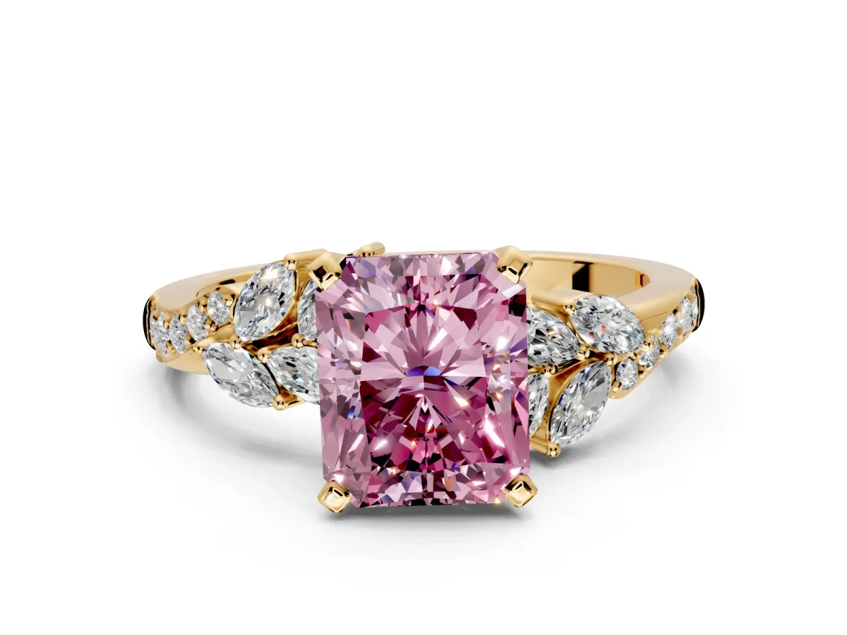 Solitaire Engagement Ring Setting for Fancy Pink Radiant Cut Center with Marquise Accent Twist Band and Prong Head in Yellow Gold