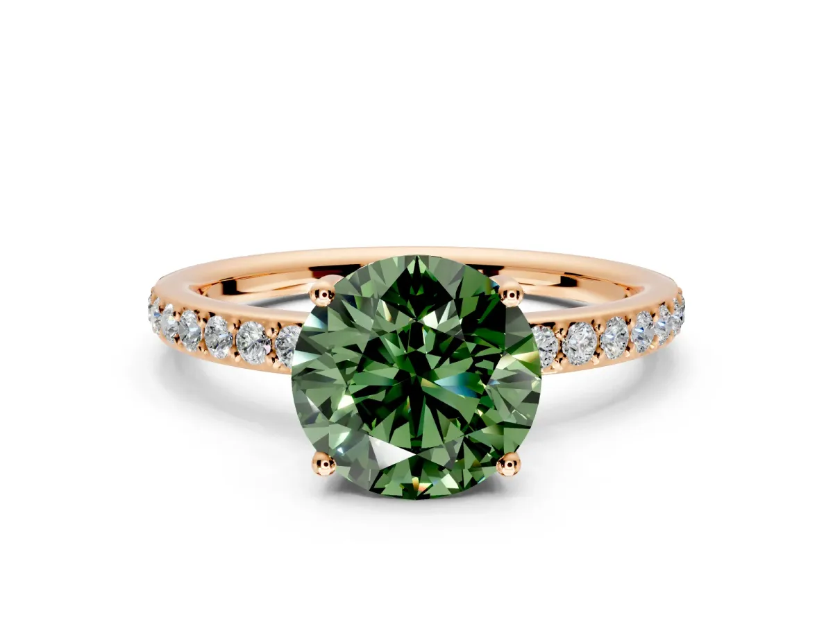 Solitaire Engagement Ring Setting for Fancy Green Round Cut Center with Fine Pave Band and Prong Head in Rose Gold