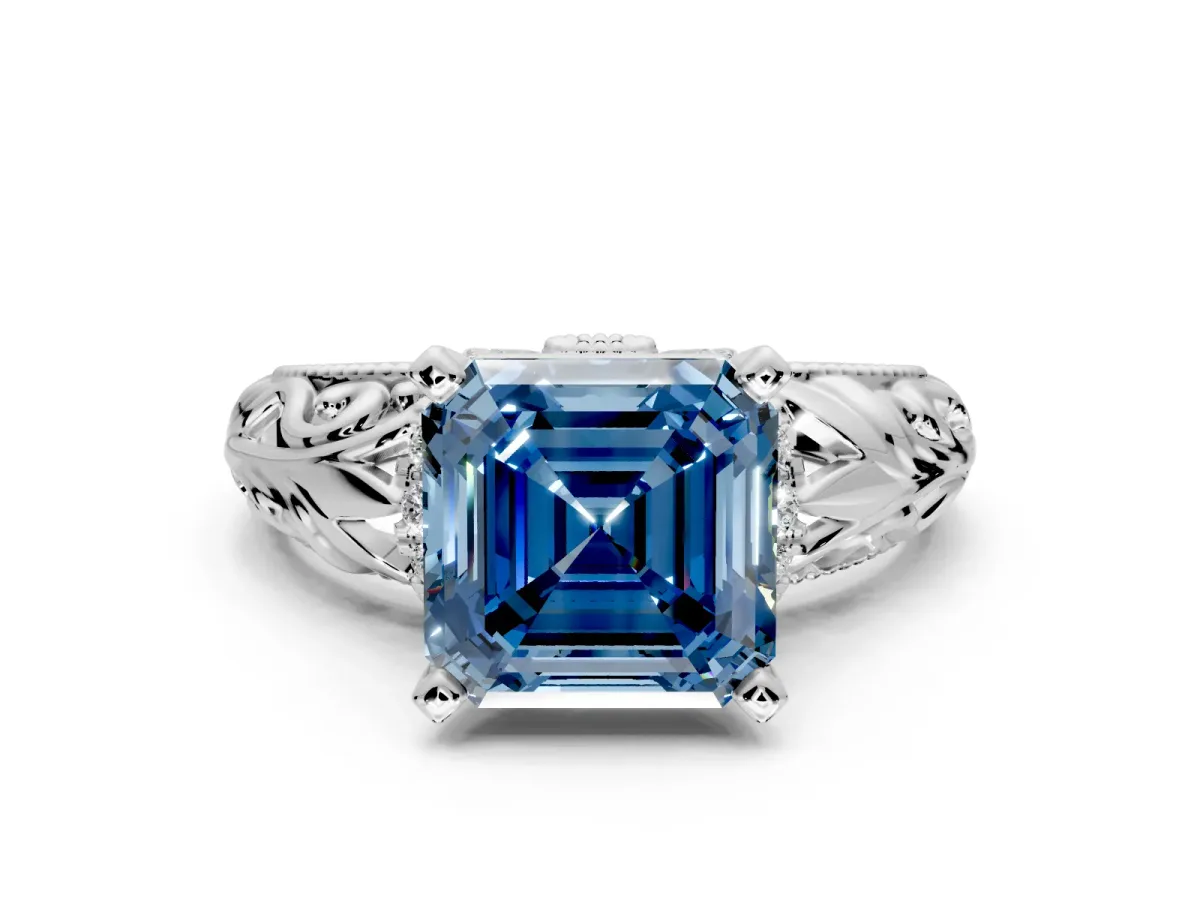 Solitaire Engagement Ring Setting for Fancy Blue Asscher Cut Center with Filigree Accent Basket and Prong Head in White Gold