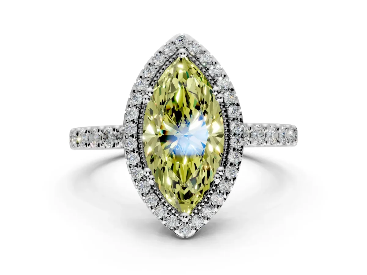 Halo Engagement Ring Setting for Fancy Yellow Marquise Center with Inner Milgrain Border and Prong Head in Sterling Silver