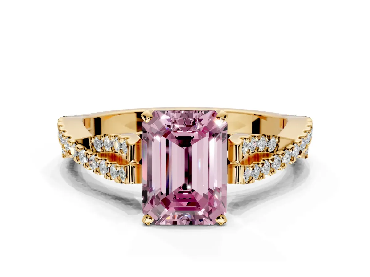 Solitaire Engagement Ring Setting for Fancy Pink Emerald Cut Center with Twisted Pave Split Shank and Prong Head in Yellow Gold