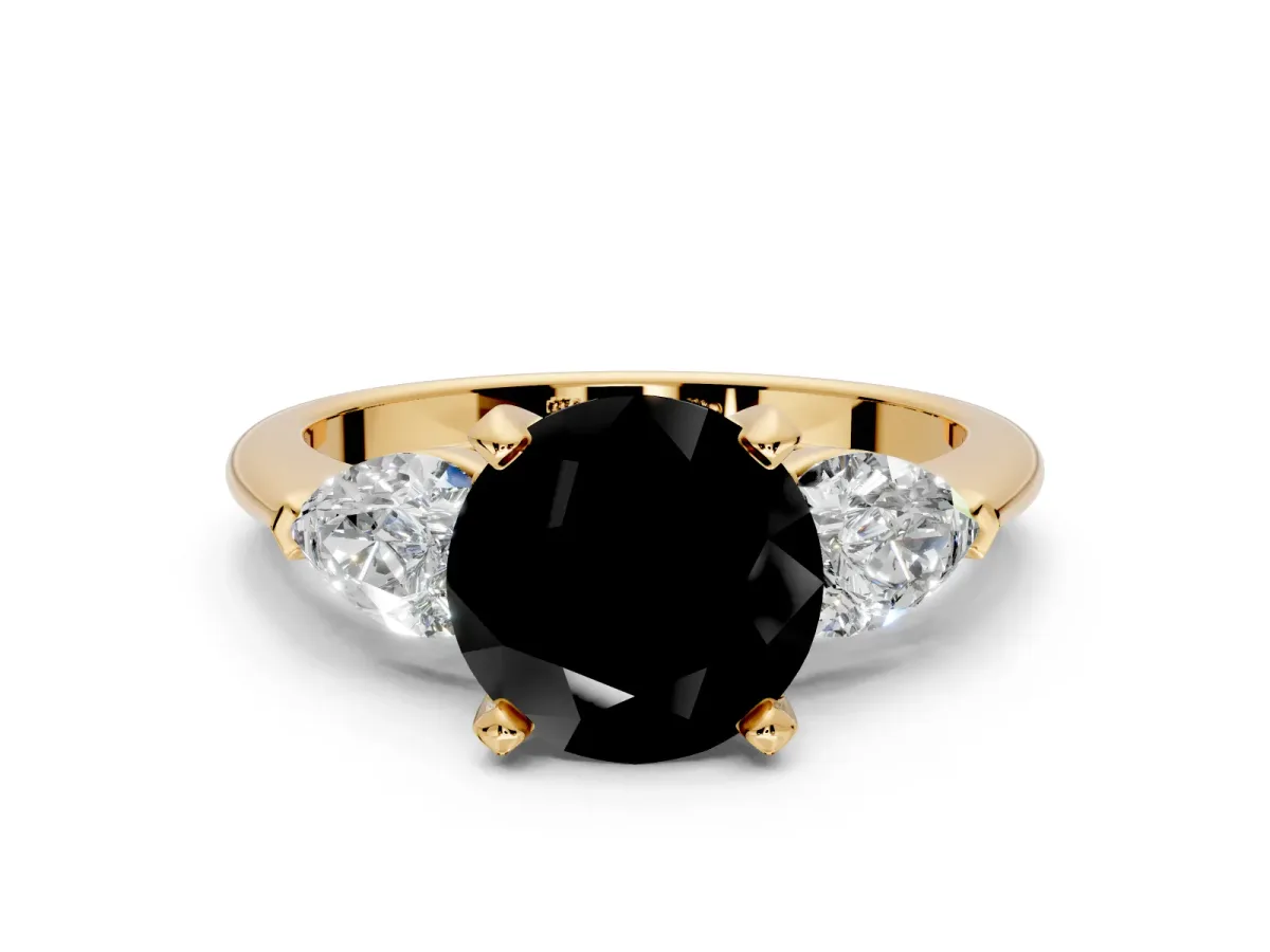 3 Stone Engagement Ring Setting for Fancy Black Round Cut Center with Large Pear-Shaped Accents and Prong Head in Yellow Gold