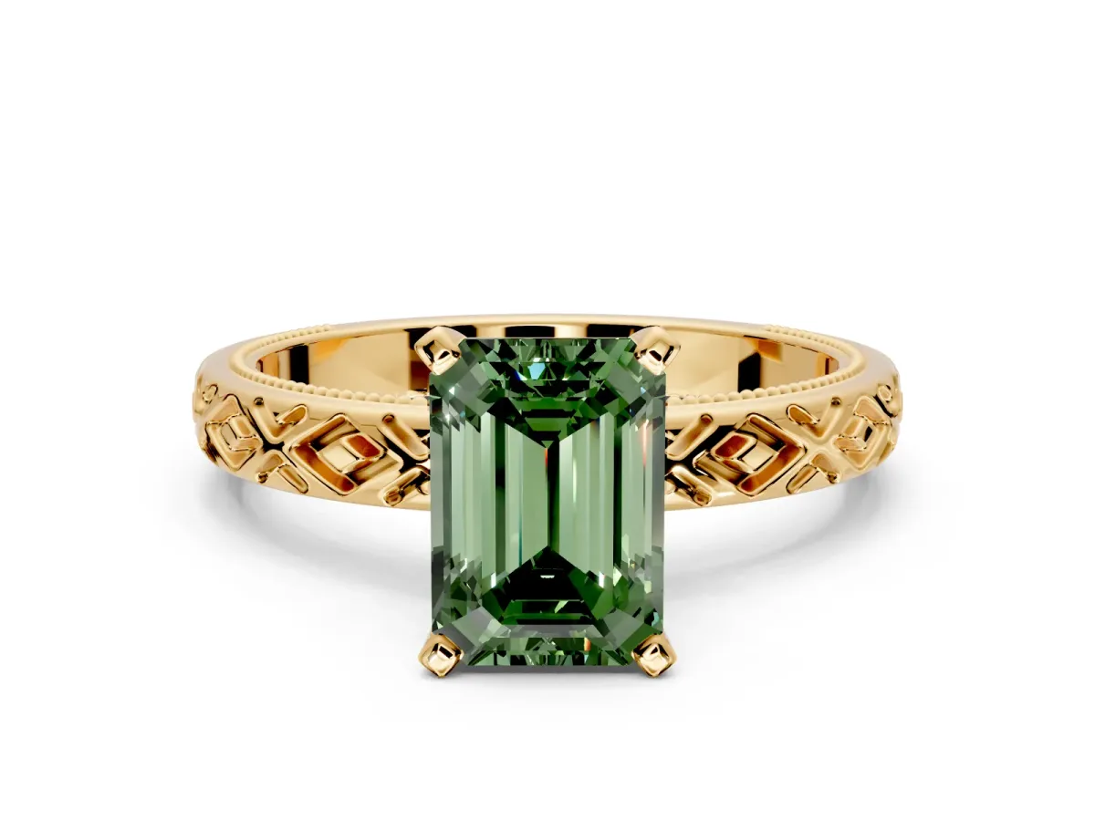 Solitaire Engagement Ring Setting for Fancy Green Emerald Cut Center with Milgrain X Pattern Band and Prong Head in Yellow Gold
