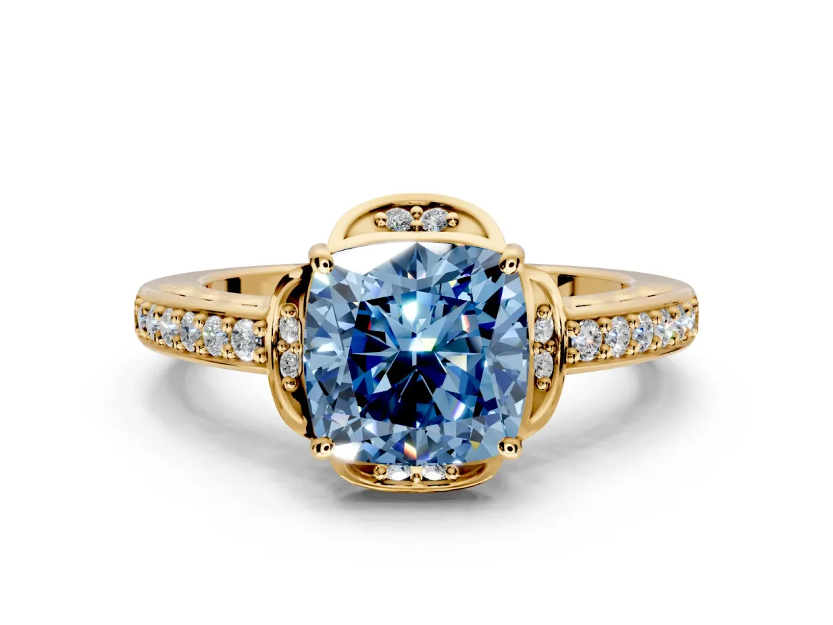 Floral Engagement Ring Setting for Fancy Blue Cushion Cut Center with Four Accent Clusters and Prong Head in Yellow Gold