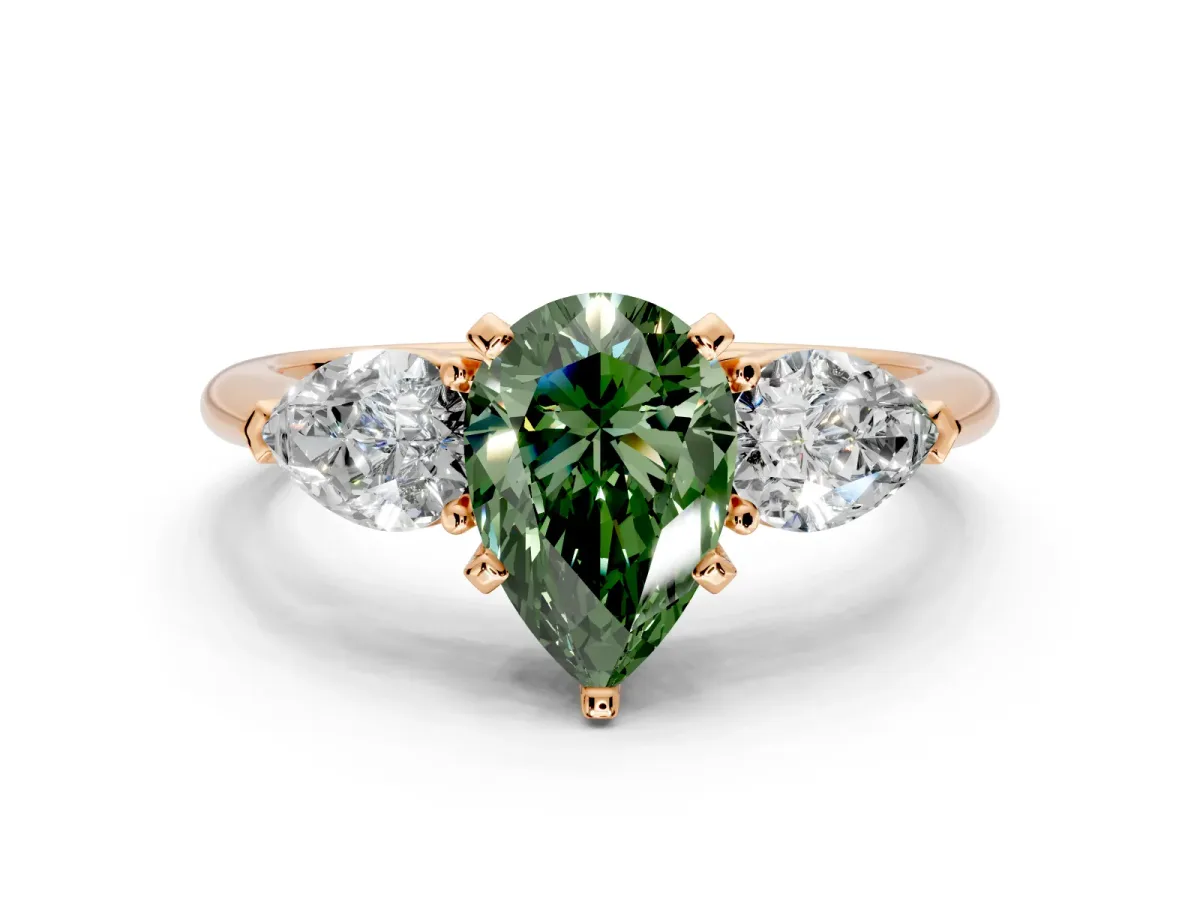 3 Stone Engagement Ring Setting for Fancy Green Pear-Shaped Center with Large Pear-Shaped Accents and Prong Head in Rose Gold
