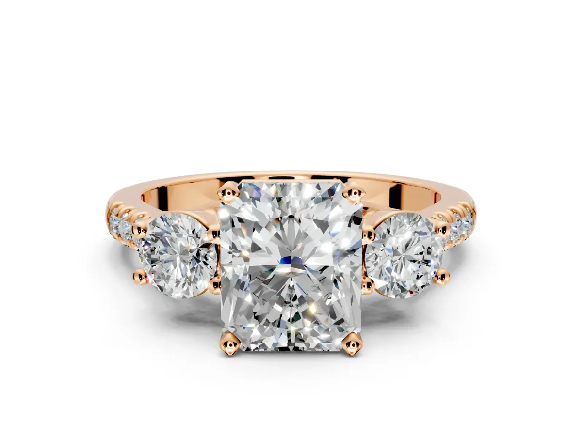 3 Stone Engagement Ring Setting for Radiant Cut Center with Crossover Basket, Pave Band and Prong Head in Rose Gold