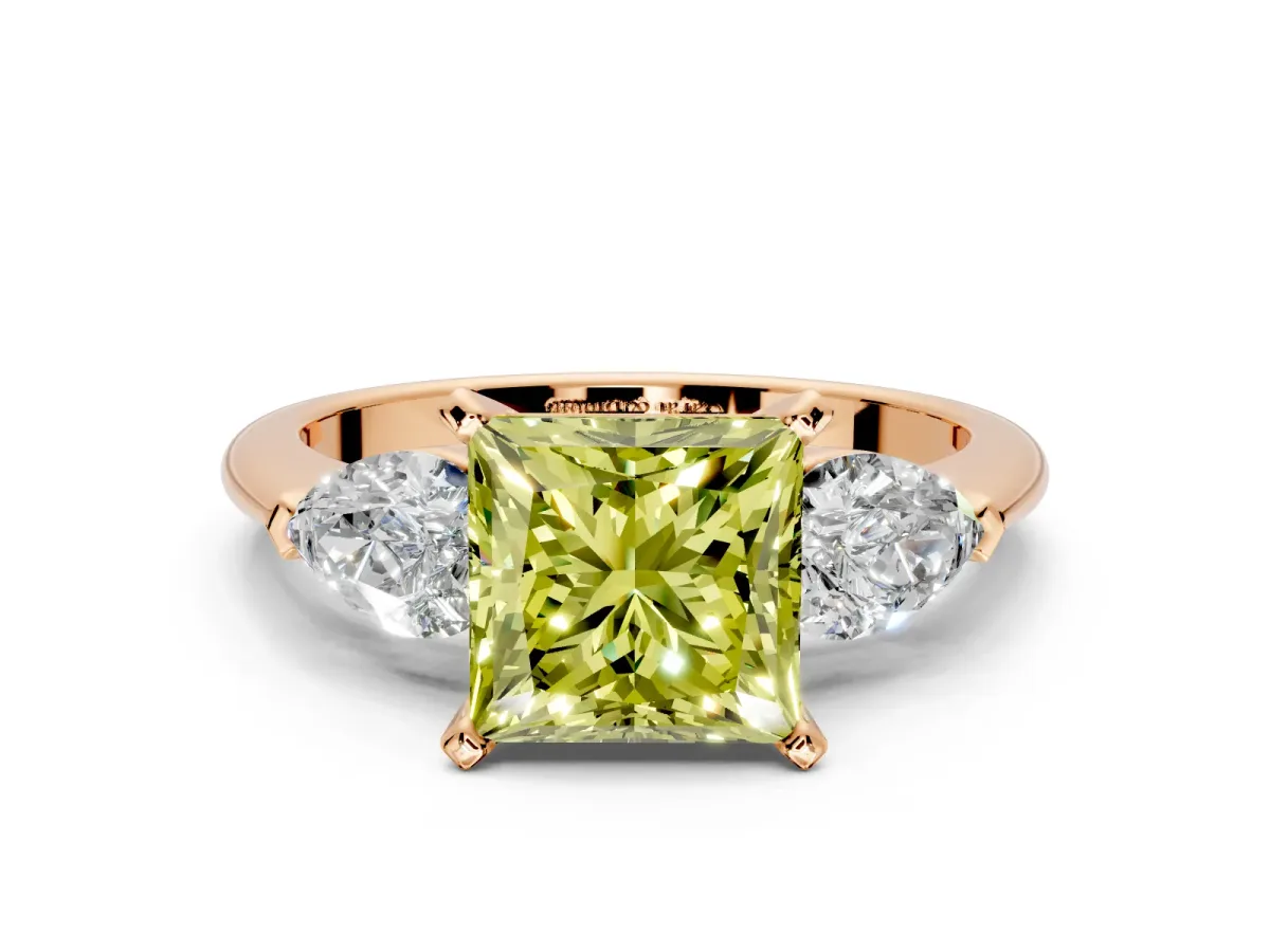 3 Stone Engagement Ring Setting for Fancy Yellow Princess Cut Center with Large Pear-Shaped Accents and Prong Head in Rose Gold