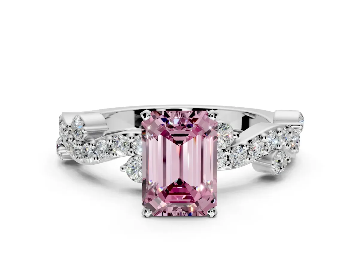Solitaire Engagement Ring Setting for Fancy Pink Emerald Cut Center with Bar-Station Pave Twist and Prong Head in White Gold