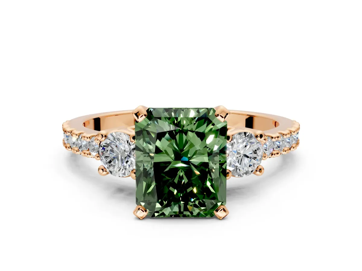 3 Stone Engagement Ring Setting for Fancy Green Radiant Cut Center with Round Cut Side Accents and Prong Head in Rose Gold
