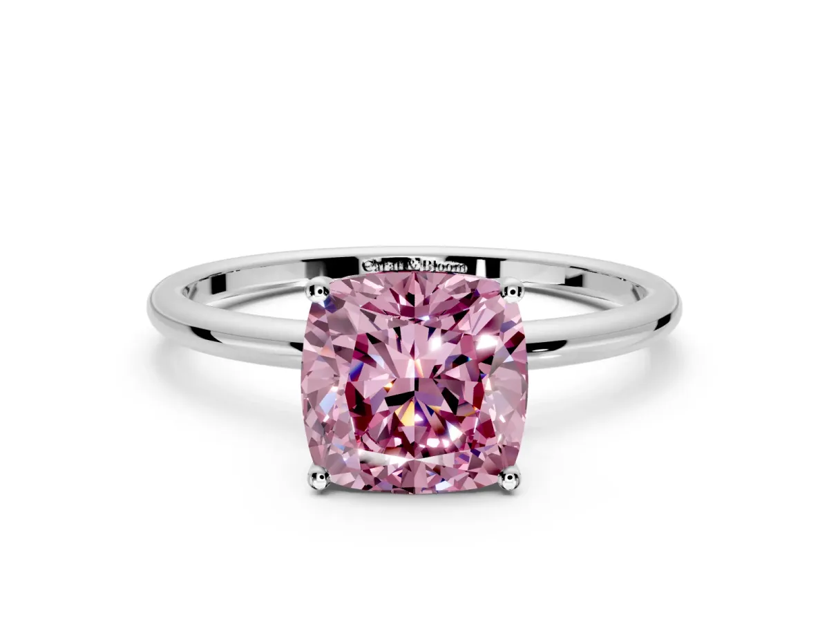 Solitaire Engagement Ring Setting for Fancy Pink Cushion Cut Center with Straight Thin Band and Prong Head in Platinum