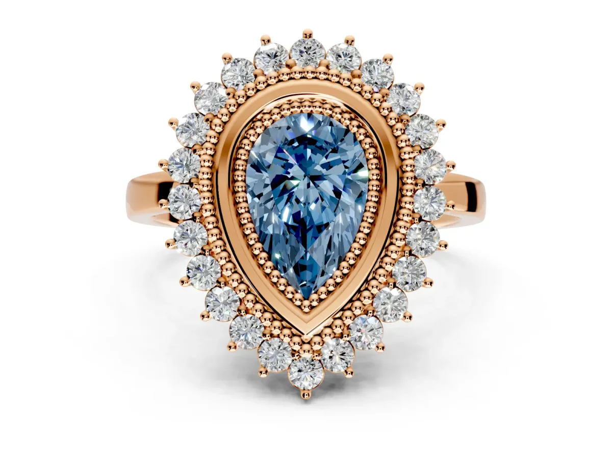 Halo Engagement Ring Setting for Fancy Blue Pear-Shaped Center with Milgrain Bezel Rim, Plain Band and Prong Head in Rose Gold