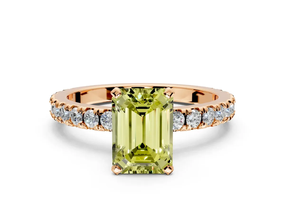 Solitaire Engagement Ring Setting for Fancy Yellow Emerald Cut Center with Fine Pave Band and Claw Prong Head in Rose Gold