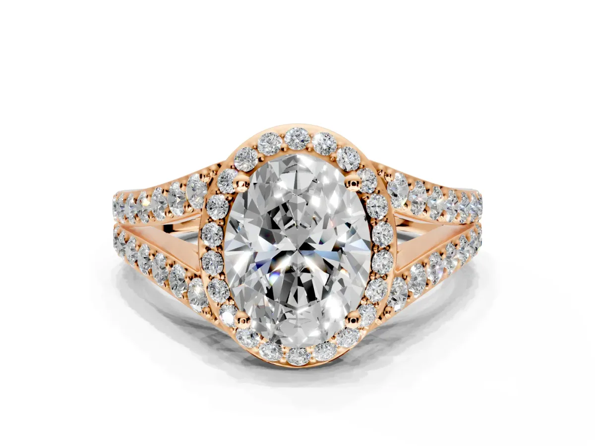 Halo Engagement Ring Setting for Oval Center with Narrow Pave Split Shank and Prong Head in Rose Gold
