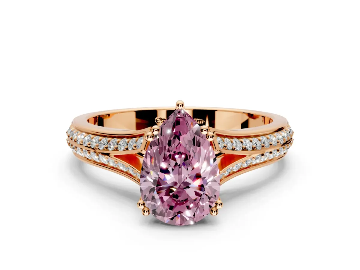 Solitaire Engagement Ring Setting for Fancy Pink Pear-Shaped Center with Pave Rail Split Shank and Prong Head in Rose Gold