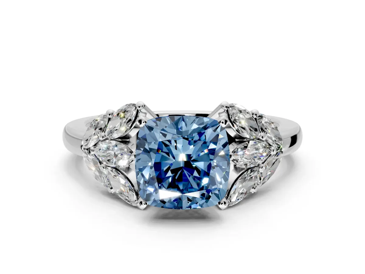 Leaf Cluster Engagement Ring Setting for Fancy Blue Cushion Cut Center with Marquise Accents and Prong Head in Sterling Silver