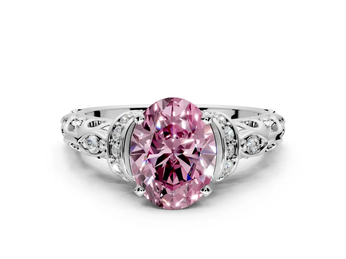 Solitaire Engagement Ring Setting for Fancy Pink Oval Center with Filigree Band and Prong Head in Platinum