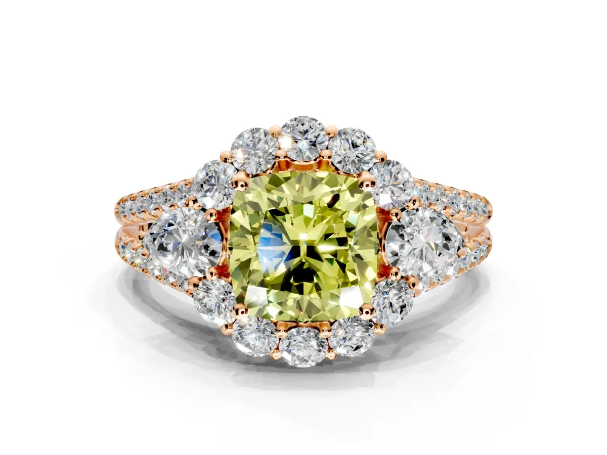 Halo Engagement Ring Setting for Fancy Yellow Cushion Cut Center with Two-Strand Split Shank and Prong Head in Rose Gold