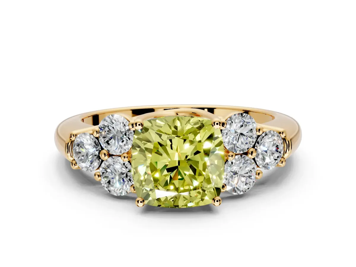 Cluster Engagement Ring Setting for Fancy Yellow Cushion Cut Center with Round Cut Accent Frame and Prong Head in Yellow Gold