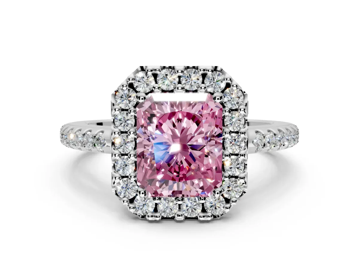 Pave Halo Engagement Ring Setting for Fancy Pink Radiant Cut Center with Single Row Pave Band and Prong Head in Platinum
