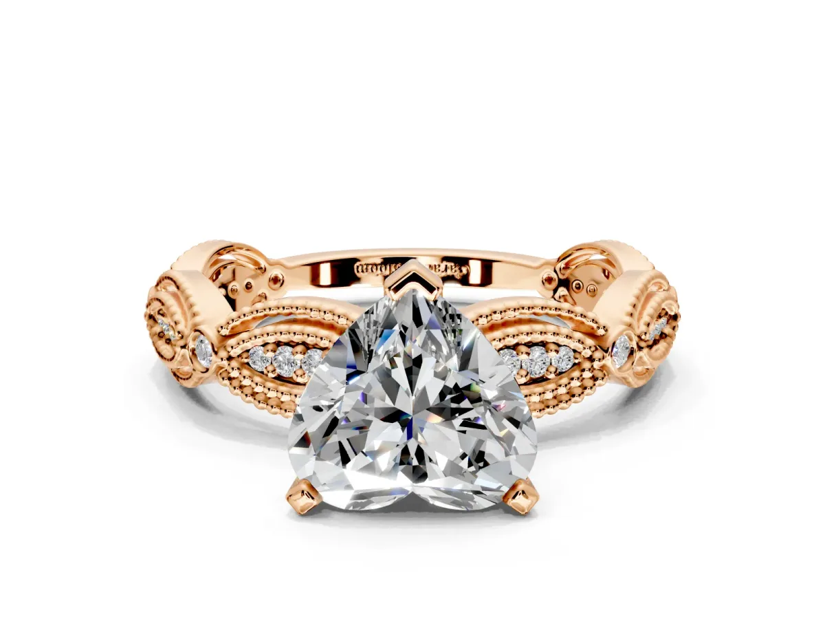 Solitaire Engagement Ring Setting for Heart-Shaped Center with Marquise Panel Band and Prong Head in Rose Gold