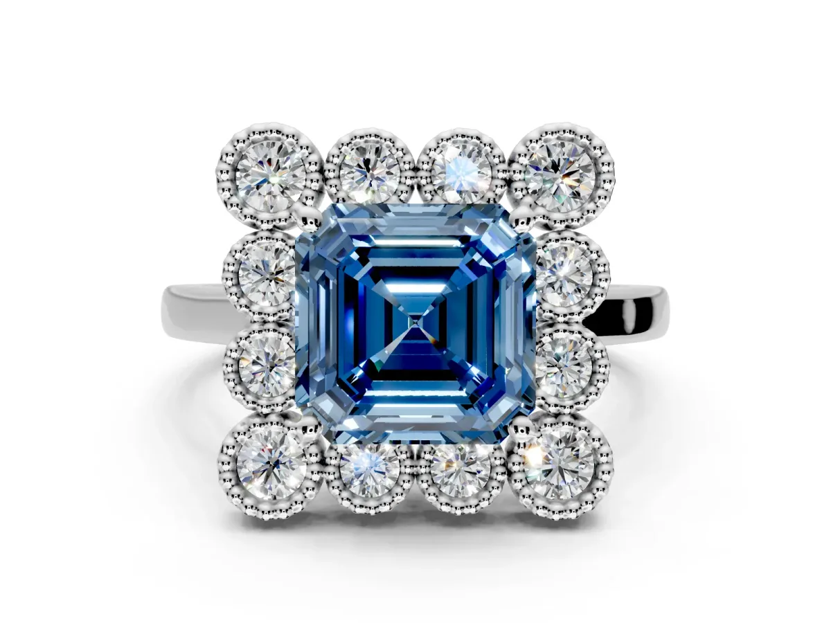 Cluster Halo Engagement Ring Setting for Fancy Blue Asscher Cut Center with Milgrain Bezel Accents and Prong Head in Sterling Silver