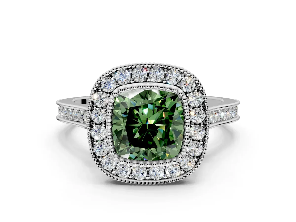 Halo Engagement Ring Setting for Fancy Green Cushion Cut Center with Milgrain Frame, Pave Band and Prong Head in Sterling Silver