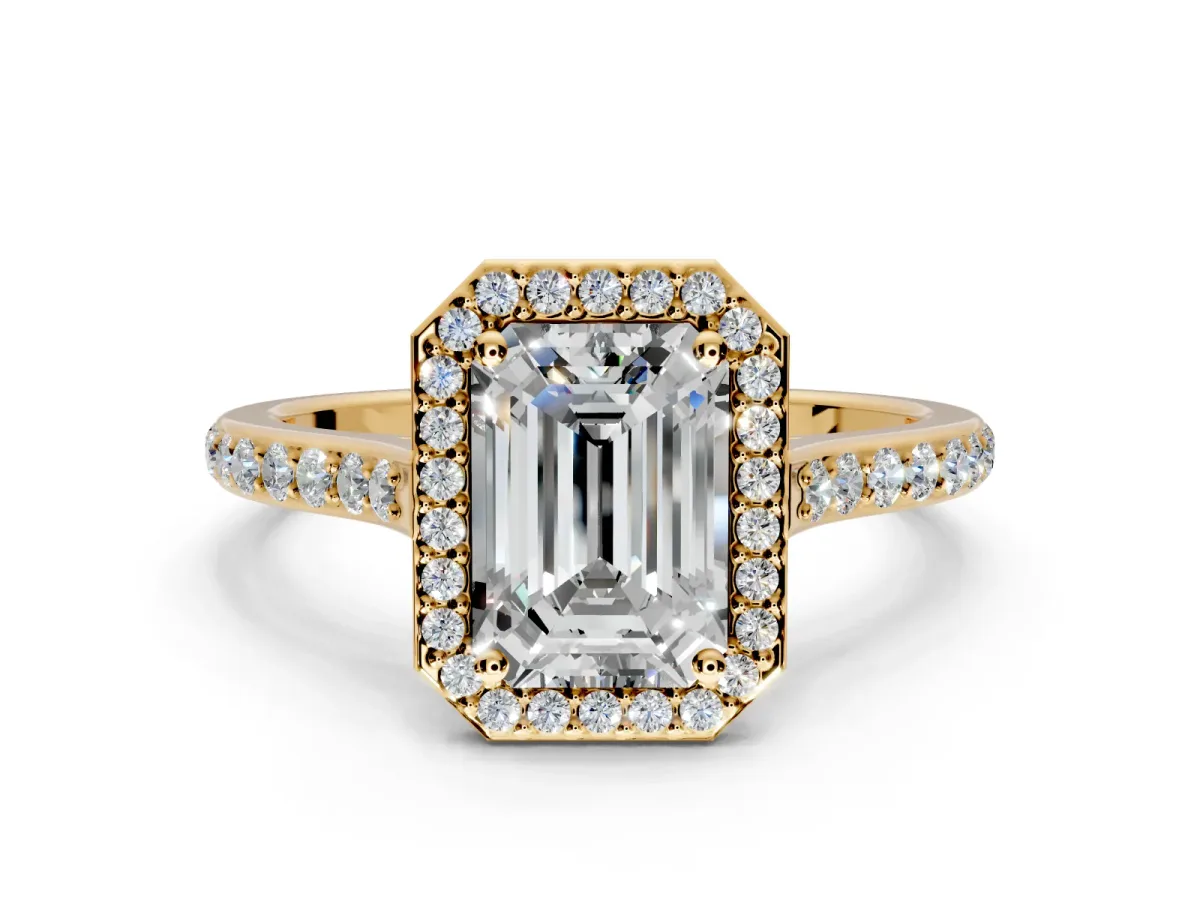 Halo Engagement Ring Setting for Emerald Cut Center with Pave Accents, Heart Basket and Prong Head in Yellow Gold