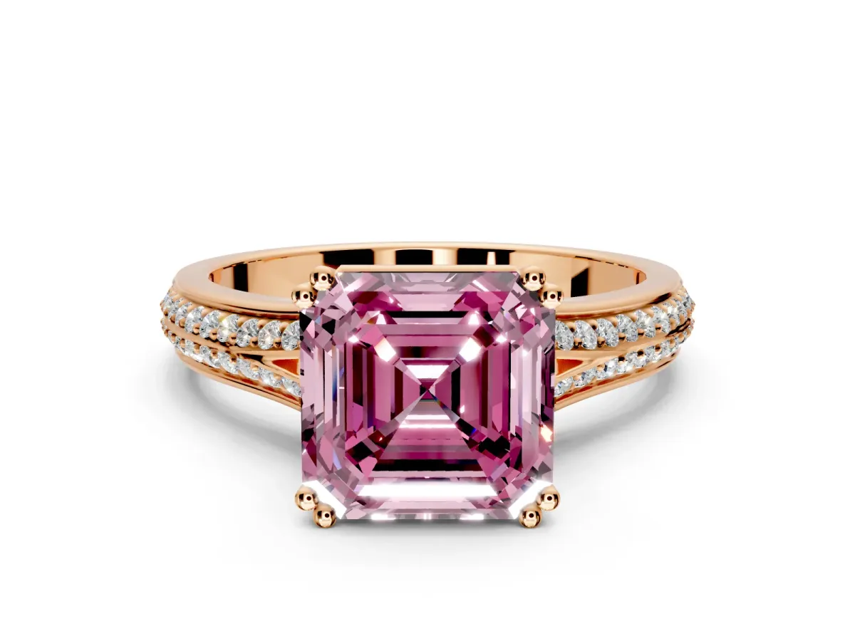 Solitaire Engagement Ring Setting for Fancy Pink Asscher Cut Center with Pave Rail Split Shank and Prong Head in Rose Gold