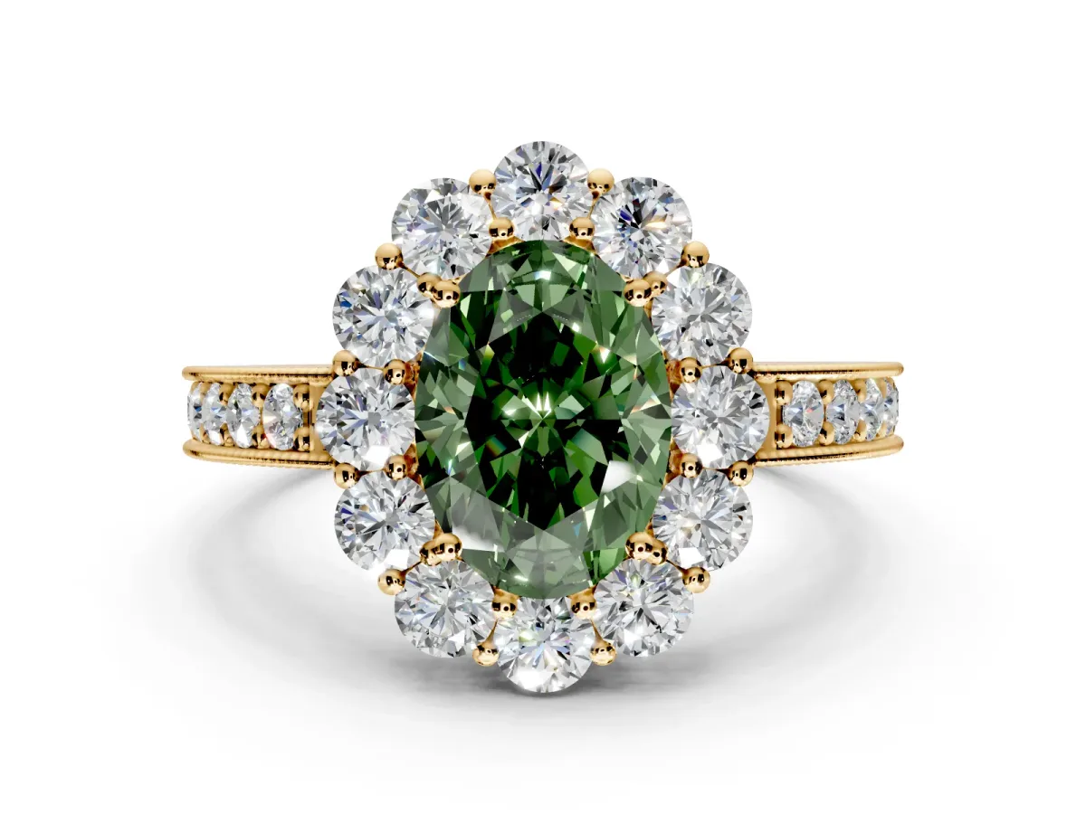 Halo Engagement Ring Setting for Fancy Green Oval Center with Milgrain Channel Band and Prong Head in Yellow Gold