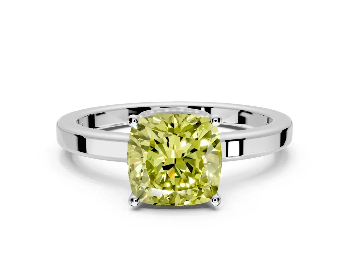 Hidden Halo Engagement Ring Setting for Fancy Yellow Cushion Cut Center with Wide Flat Plain Band and Prong Head in White Gold