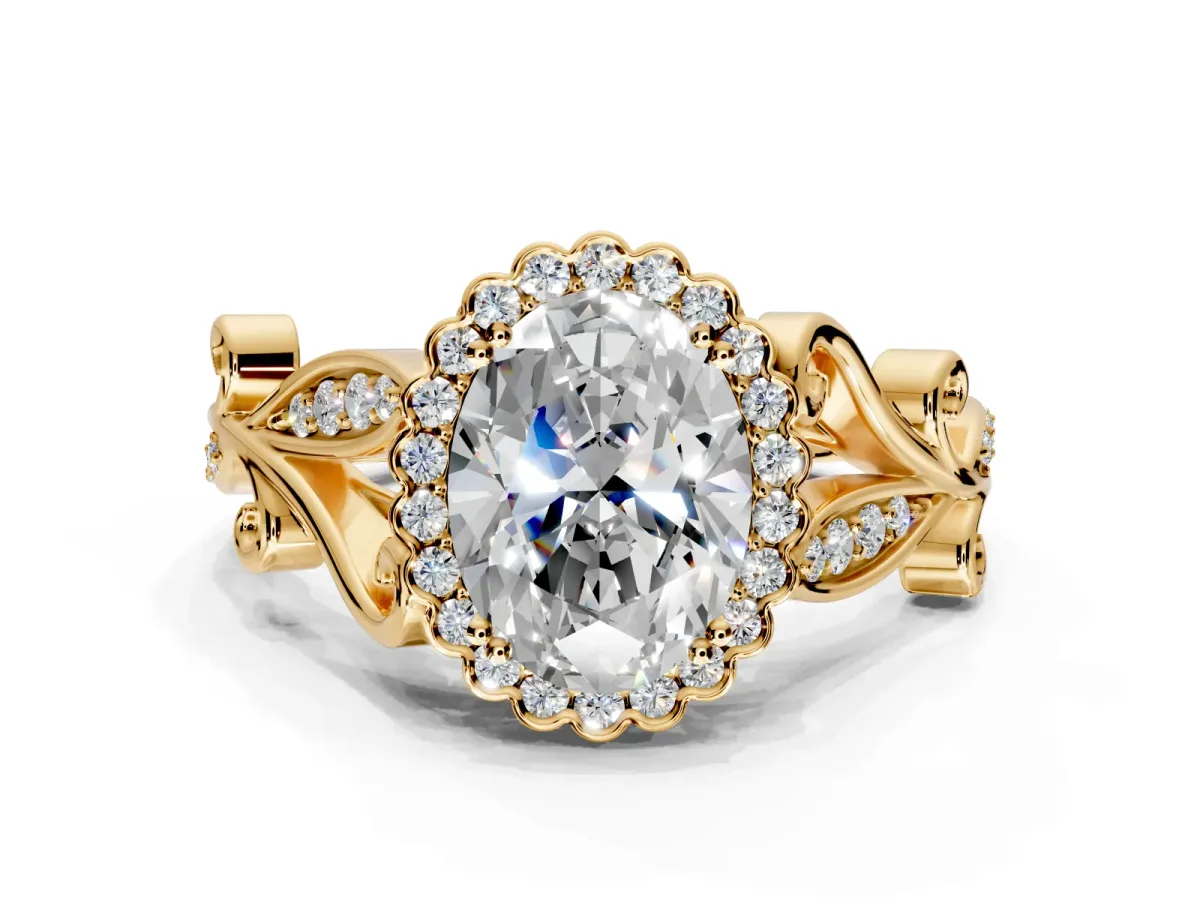 Halo Engagement Ring Setting for Oval Center with Leaf Motif Split Shank and Prong Head in Yellow Gold