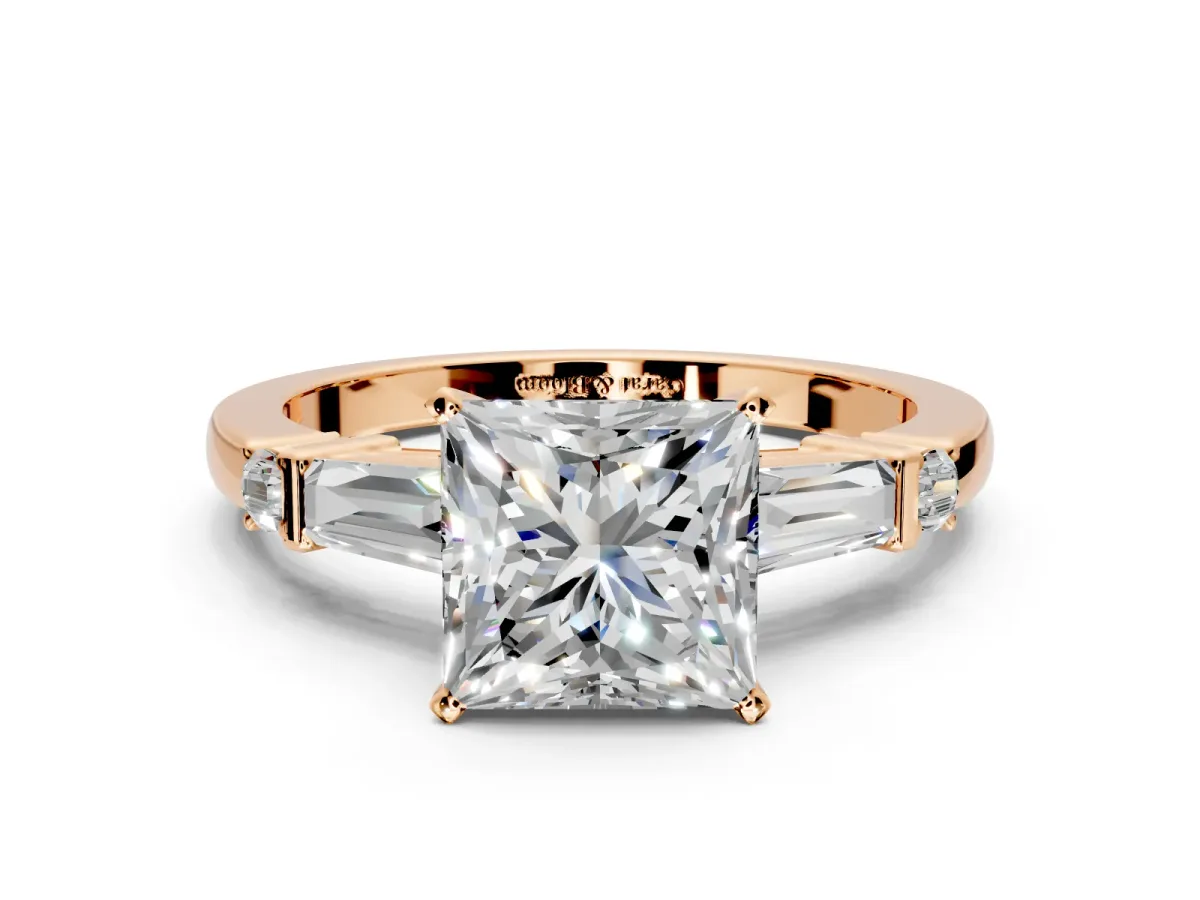 Bar-Set Engagement Ring Setting for Princess Cut Center with Tapered Baguette Accents and Prong Head in Rose Gold