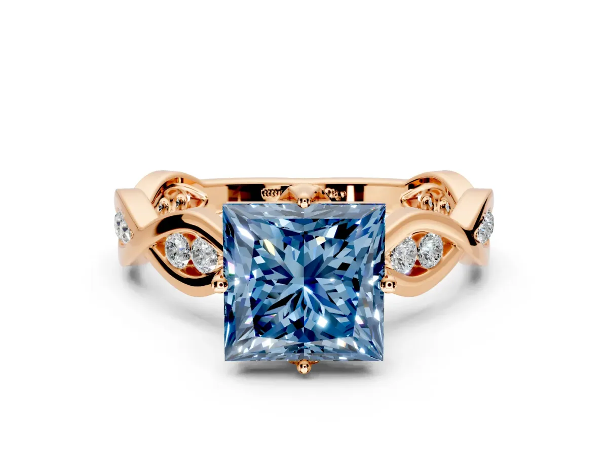 Solitaire Engagement Ring Setting for Fancy Blue Princess Cut Center with Accented Twist Band and Leaf Prong Head in Rose Gold