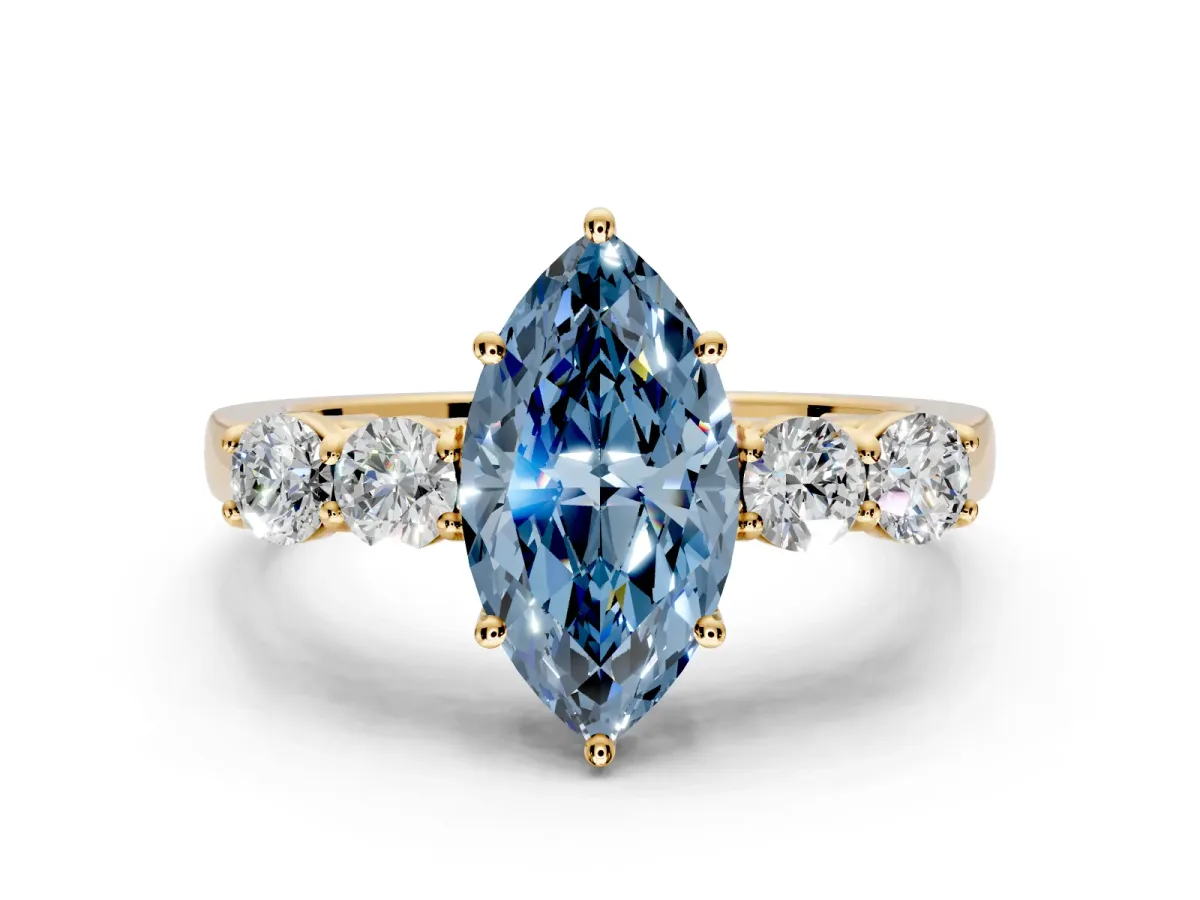 5 Stone Engagement Ring Setting for Fancy Blue Marquise Center with Equal Close-Set Accents and Prong Head in Yellow Gold