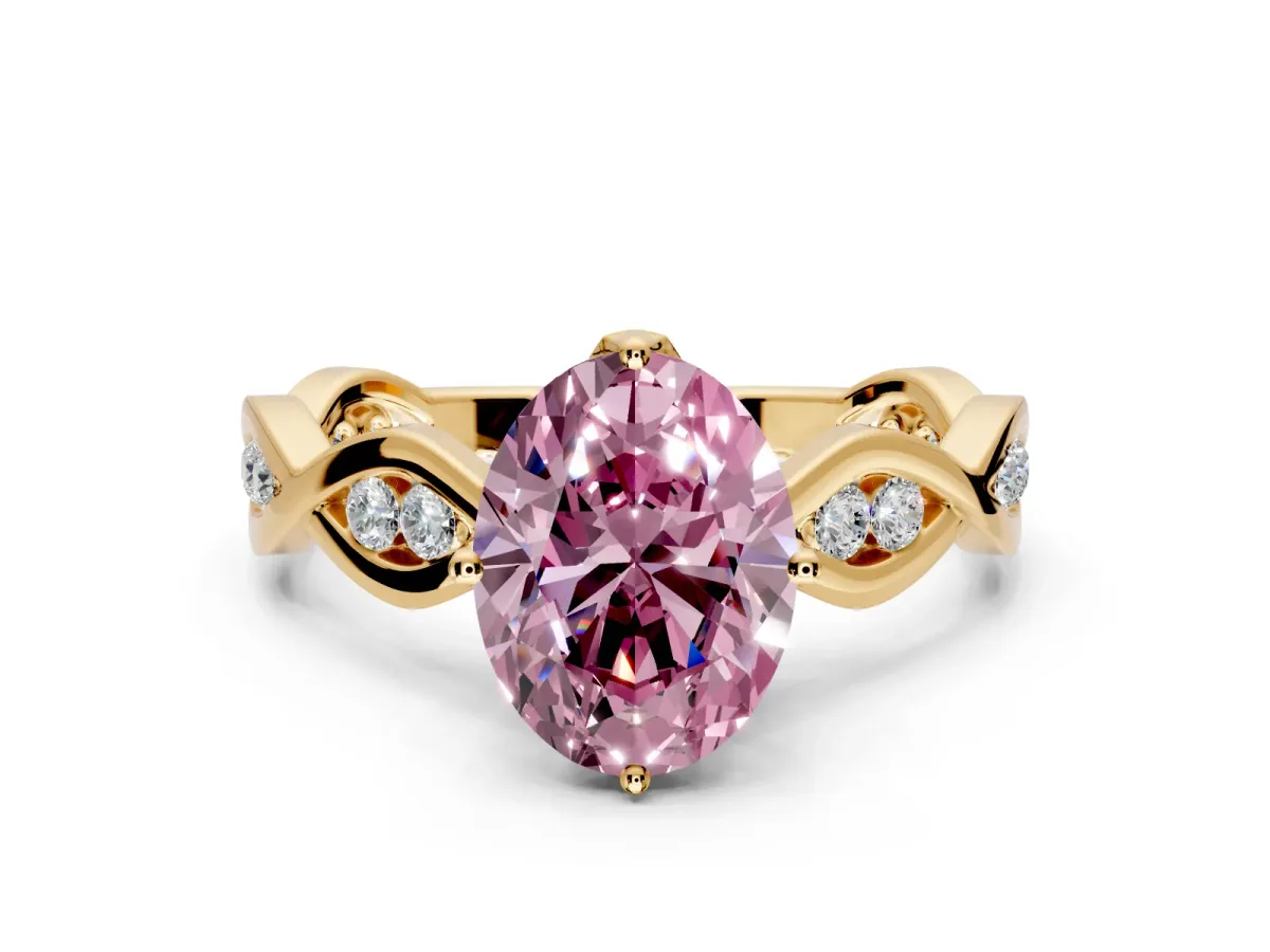 Solitaire Engagement Ring Setting for Fancy Pink Oval Center with Accented Twist Band and Leaf Prong Head in Yellow Gold