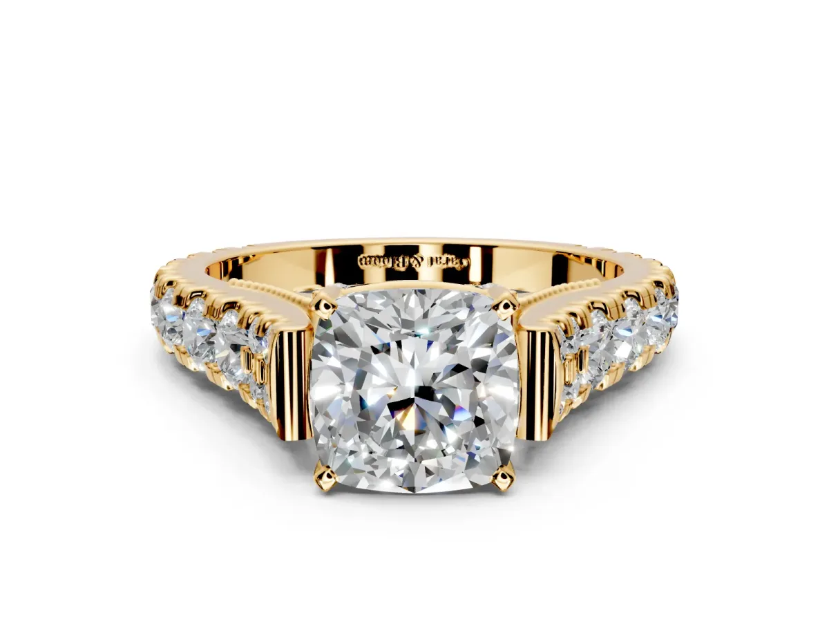 Solitaire Engagement Ring Setting for Cushion Cut Center with Pave Cathedral Shoulders and Prong Head in Yellow Gold