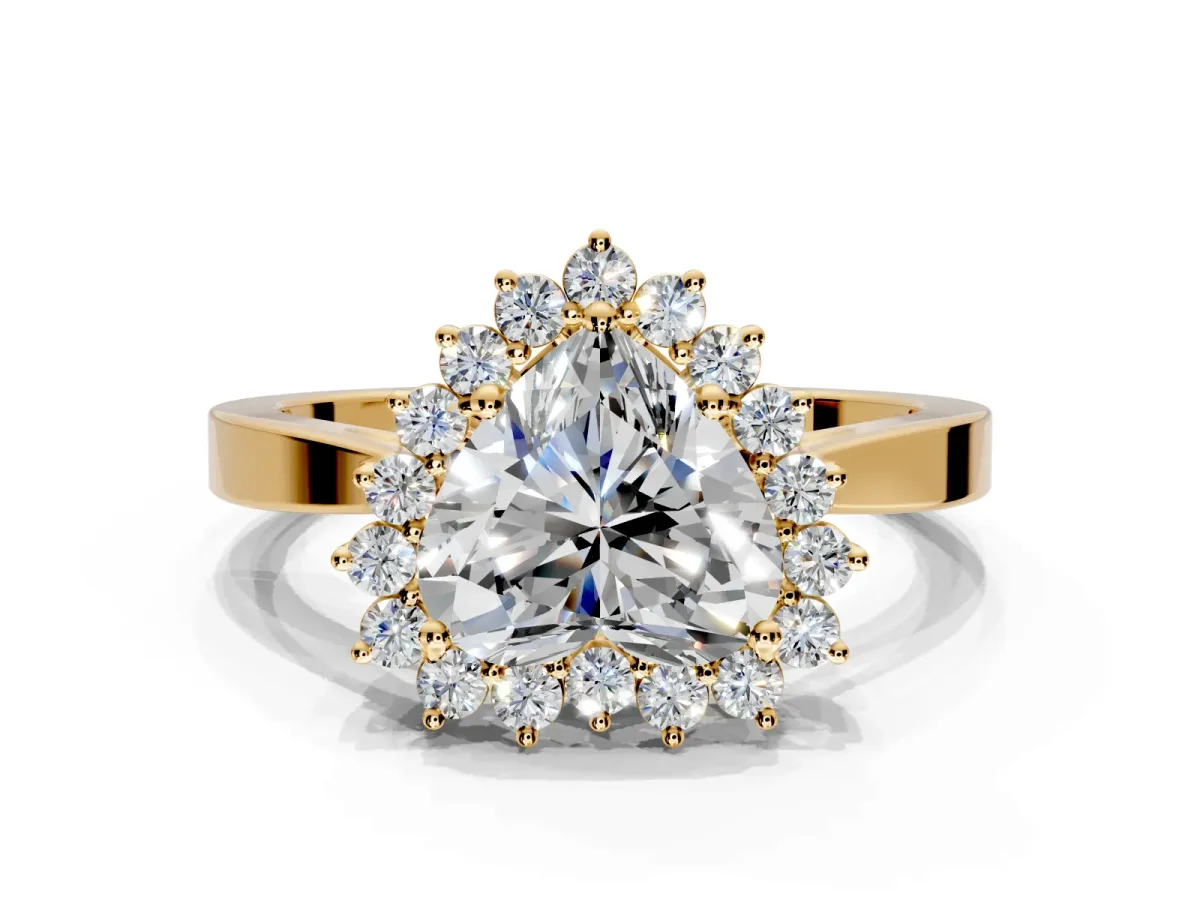 Starburst Halo Engagement Ring Setting for Heart-Shaped Center with Flat Cathedral Band and Prong Head in Yellow Gold