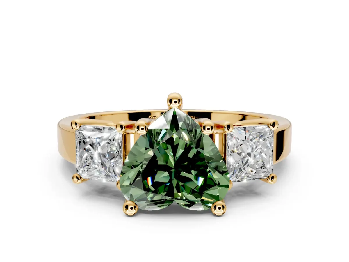 3 Stone Engagement Ring Setting for Fancy Green Heart-Shaped Center with Matching Side Accents and Prong Head in Yellow Gold