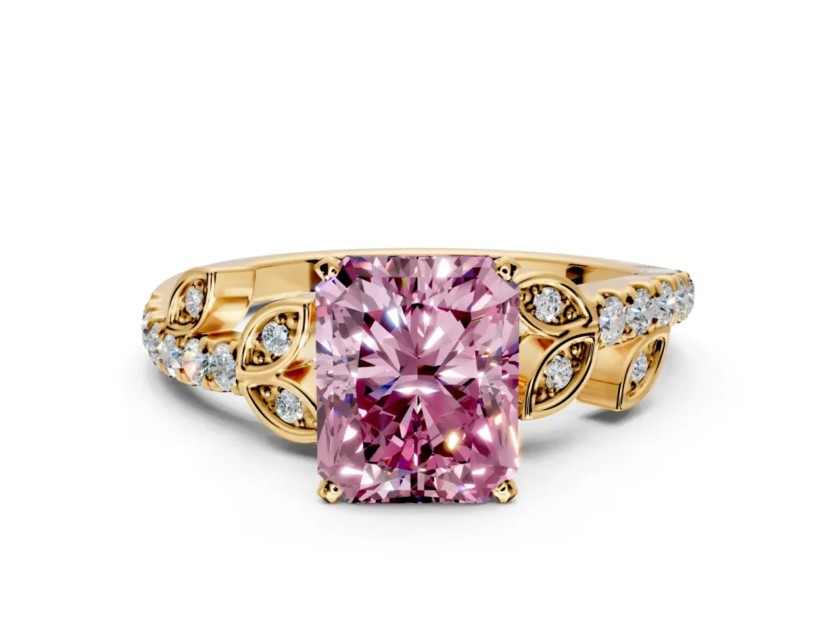 Leaf Motif Engagement Ring Setting for Fancy Pink Radiant Cut Center with Pave Band and Prong Head in Yellow Gold
